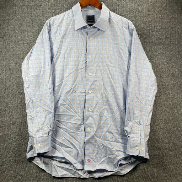 David Donahue Button Up Shirt Men's 17.5 34/35 Blue/Orange Tattersall Trim - Picture 1 of 12